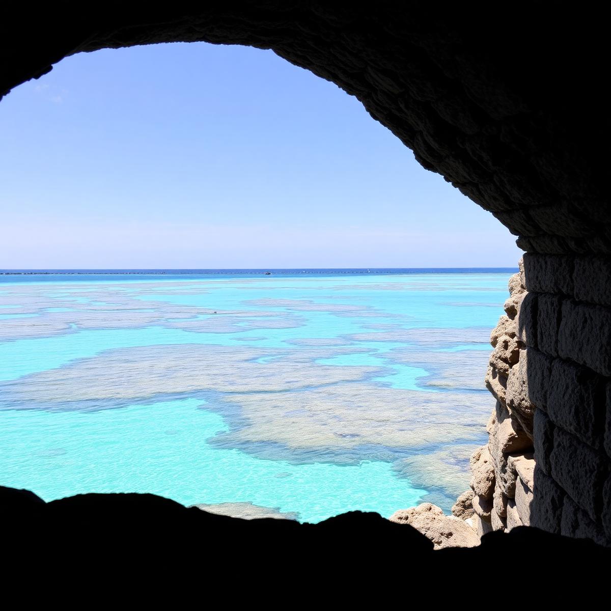 Stone archway opening onto a bright turquoise Maldivian lagoon