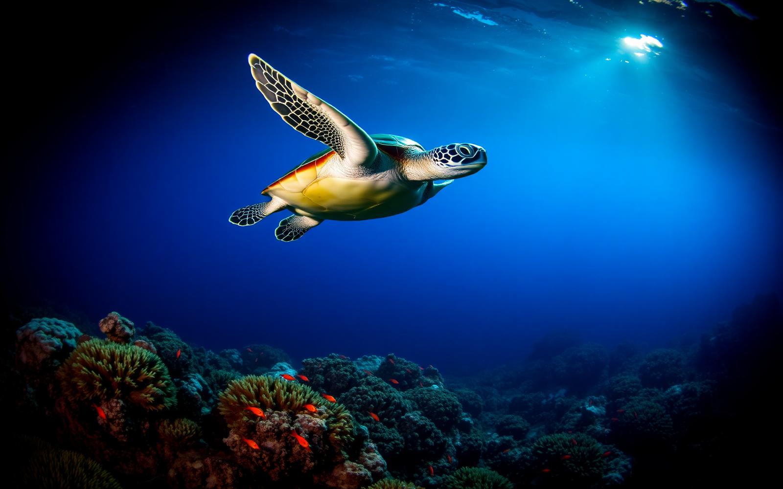 Sea turtle swimming over a Maldivian coral reef with red reef fish